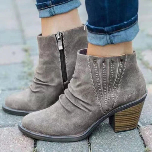 Beth | Ruched Western Studded Block Heeled Zip Up Autumn Faux Suede Ankle Boots Women