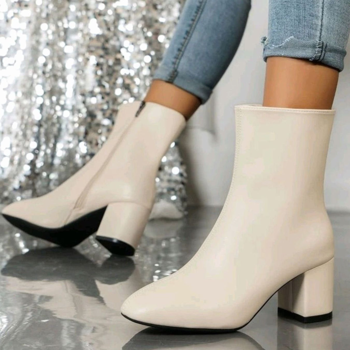 Lily | Slim Fit Block Heeled Square Toe Zip Up Autumn Smart Faux Leather Ankle Boots Women