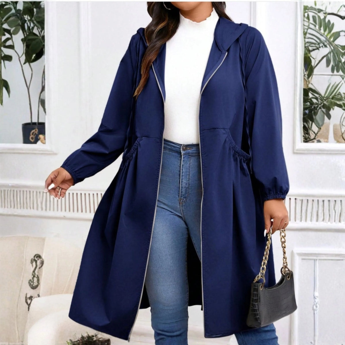 Vera | Plus Size Drawstring Longline Zip Up Hooded Windbreaker Jacket Women