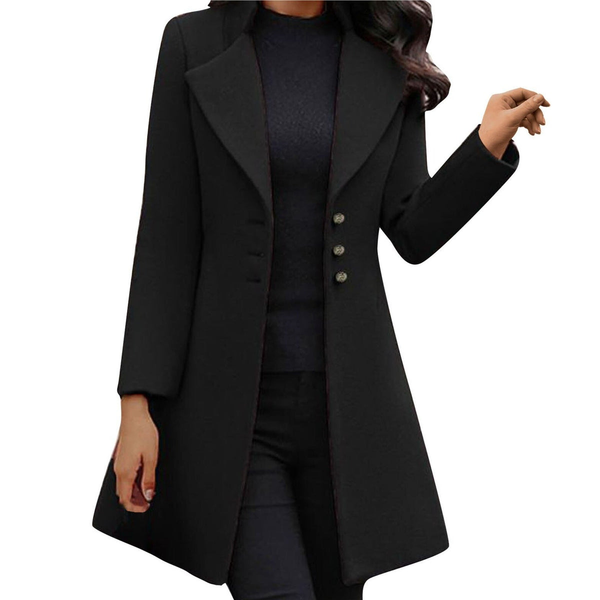 Mid-Length Lapel Coat with Button Front - Black