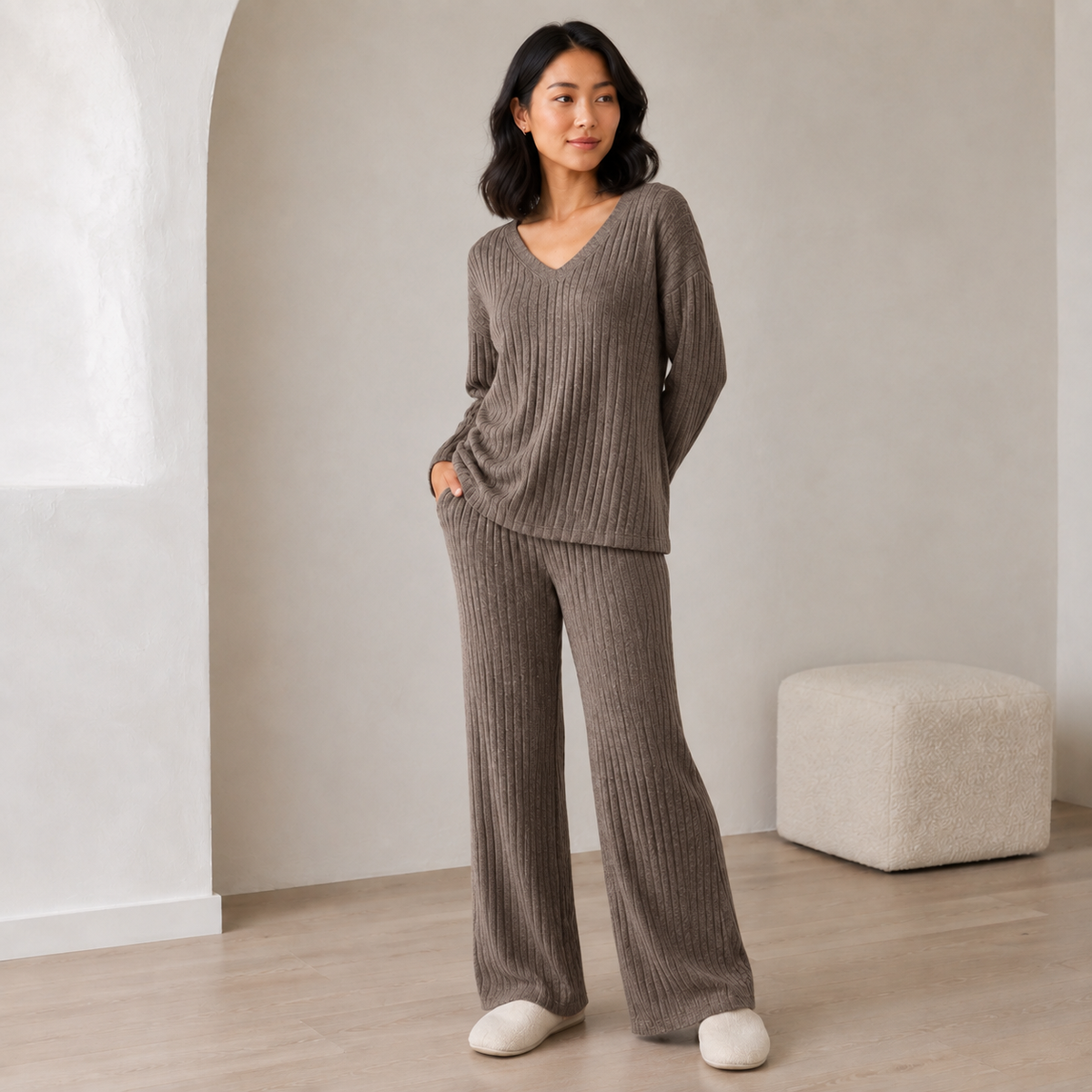 Rose | Ribbed Knitted V Neck Long Sleeve Wide Leg Trouser Oversized Co Ord Set Women