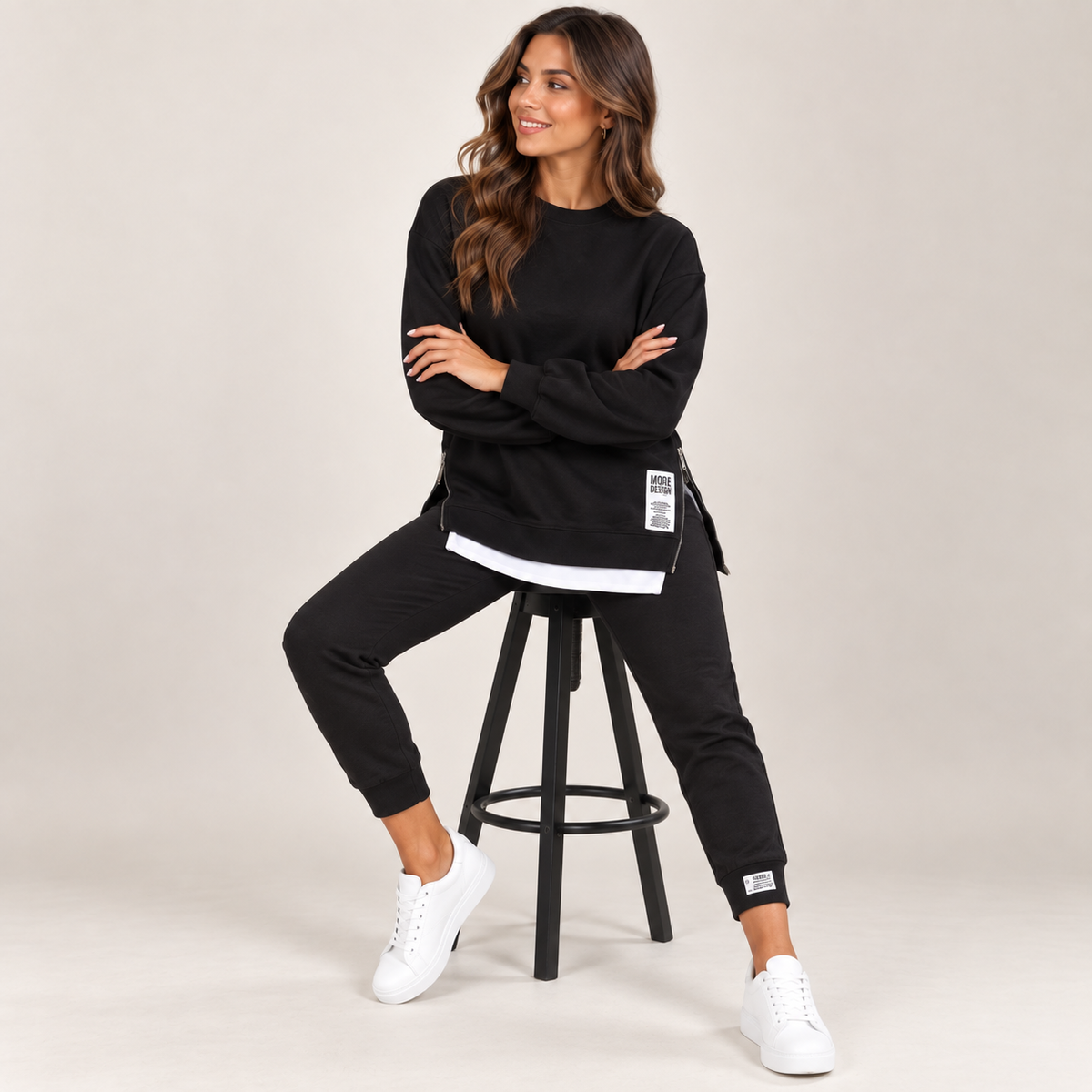 Kya | Knitted Oversized Long Sleeve Crew Neck Side Zip Cuffed Autumn Jogger Tracksuit Women