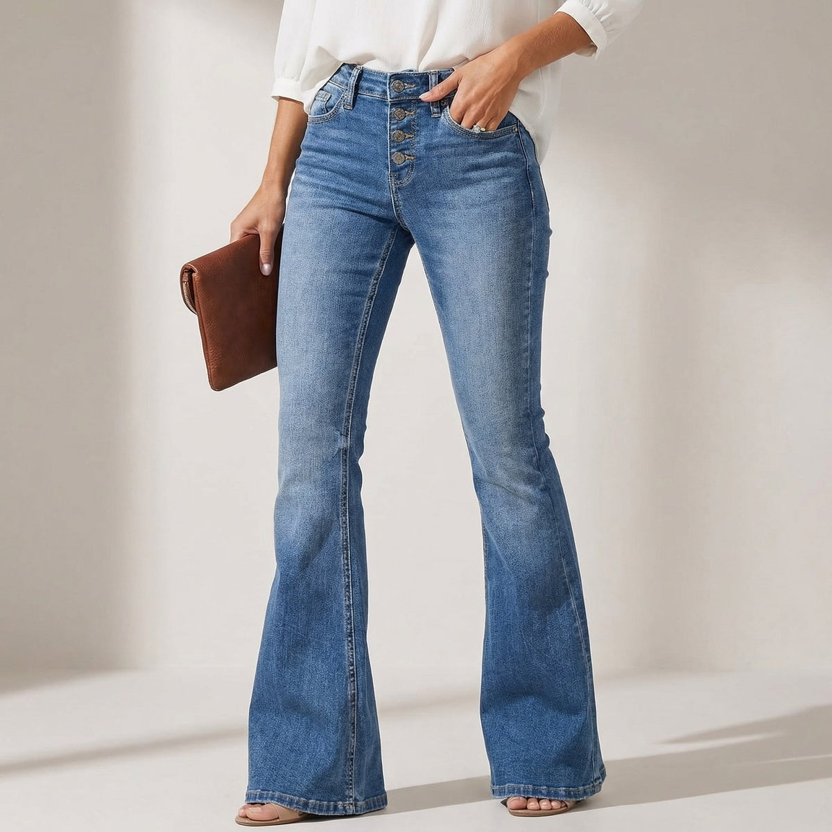 Vera | High Waisted Long Slim Autumn Patch Pocket Flare Jeans Women