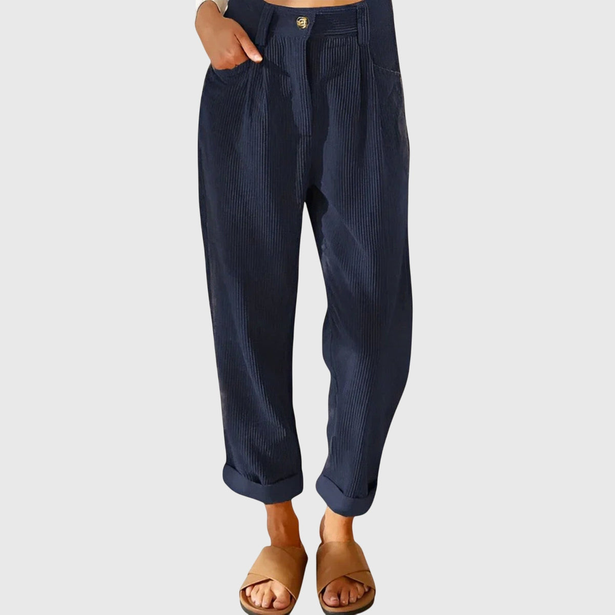 Peggy | High Waisted Pleated Corduroy Turn Up Cropped Ribbed Pocket Autumn Tapered Trousers Women