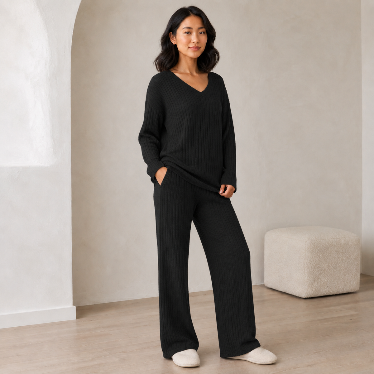 Rose | Ribbed Knitted V Neck Long Sleeve Wide Leg Trouser Oversized Co Ord Set Women
