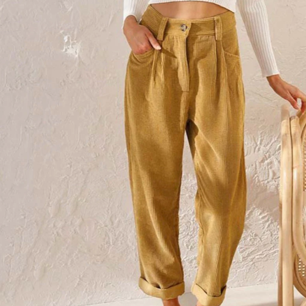 Skye | High Waisted Pleated Corduroy Turn Up Pocket Autumn Straight Leg Trousers Women