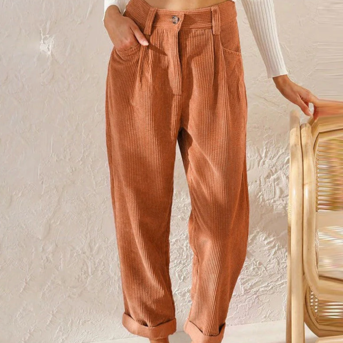 Skye | High Waisted Pleated Corduroy Turn Up Pocket Autumn Straight Leg Trousers Women
