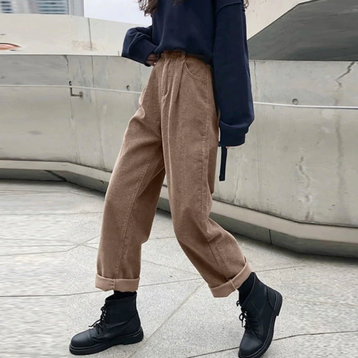 Skye | High Waisted Pleated Corduroy Turn Up Pocket Autumn Straight Leg Trousers Women