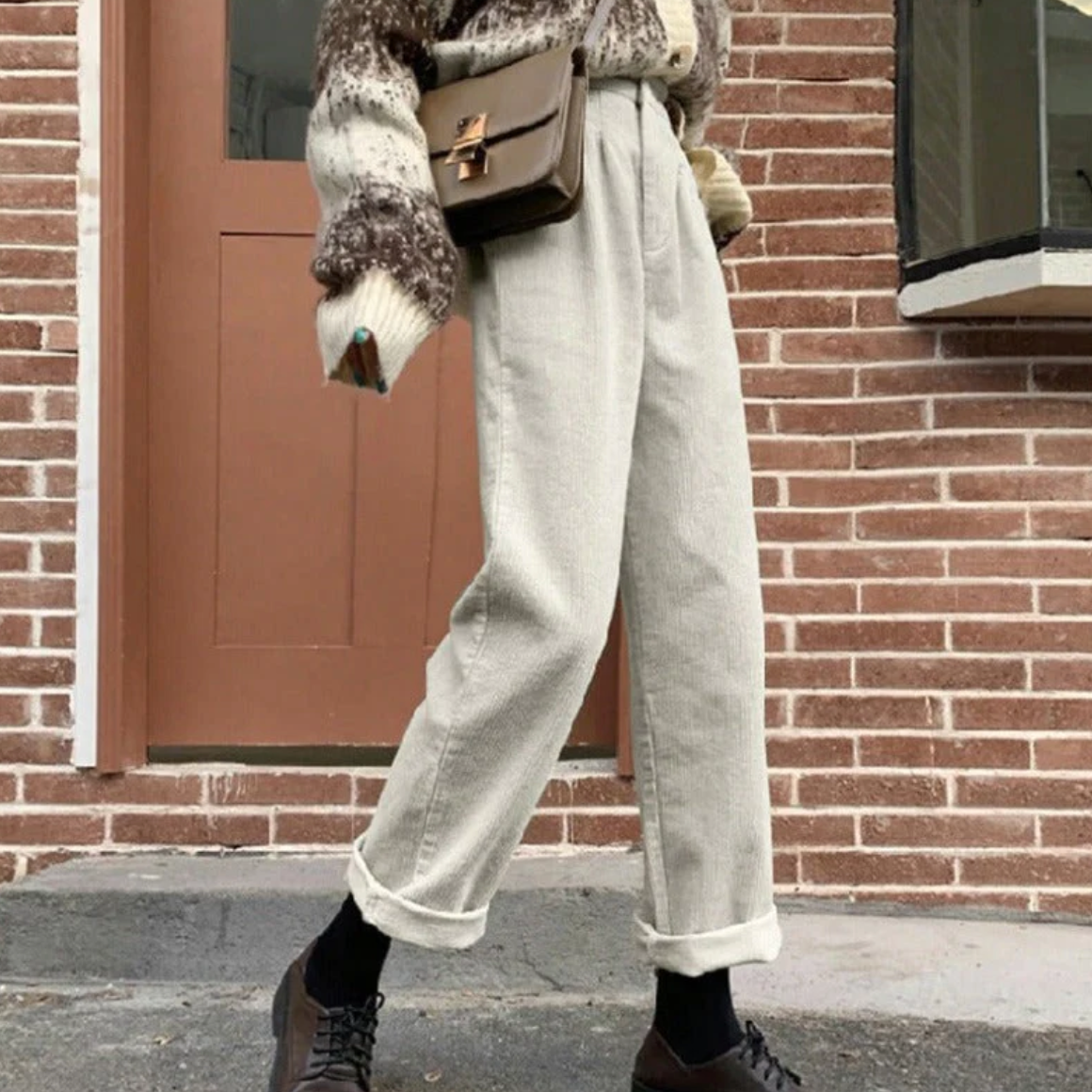 Skye | High Waisted Pleated Corduroy Turn Up Pocket Autumn Straight Leg Trousers Women
