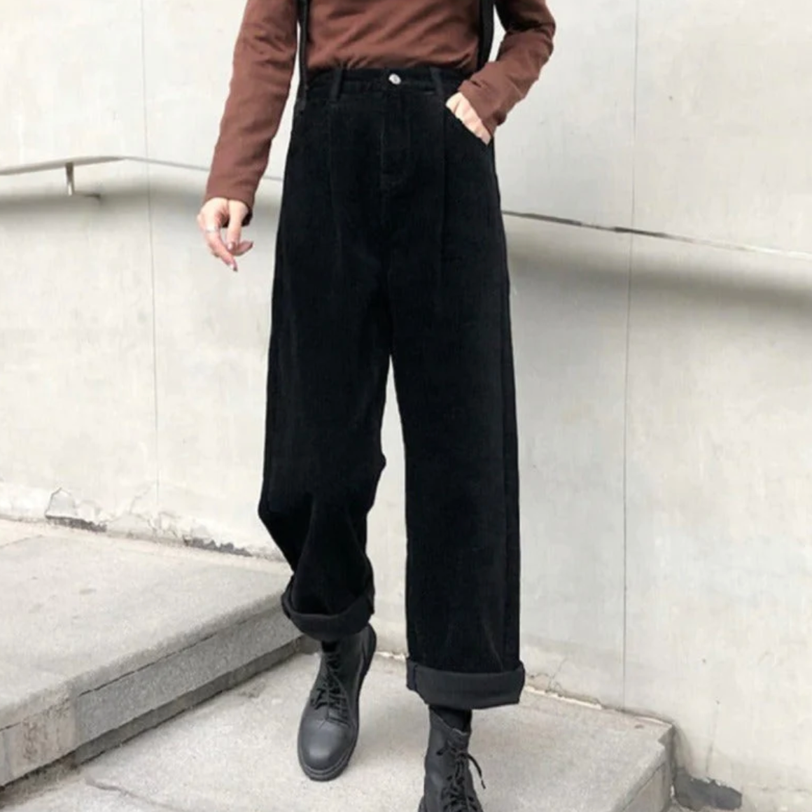 Skye | High Waisted Pleated Corduroy Turn Up Pocket Autumn Straight Leg Trousers Women