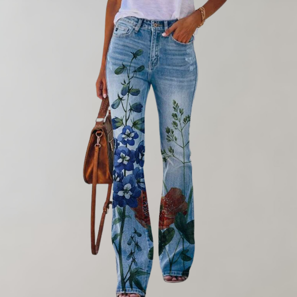 Lia | Floral Printed High Waisted Slim Pocket Flare Jeans Women