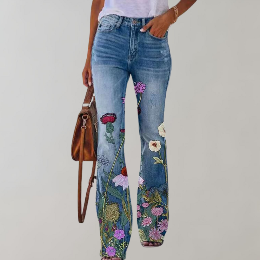 Lia | Floral Printed High Waisted Slim Pocket Flare Jeans Women