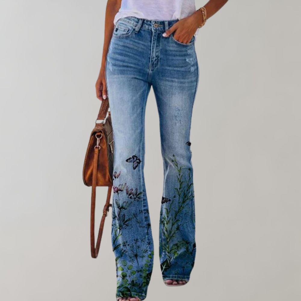 Lia | Floral Printed High Waisted Slim Pocket Flare Jeans Women
