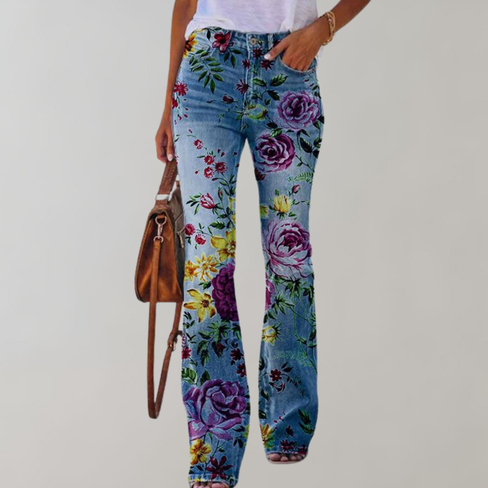 Lia | Floral Printed High Waisted Slim Pocket Flare Jeans Women