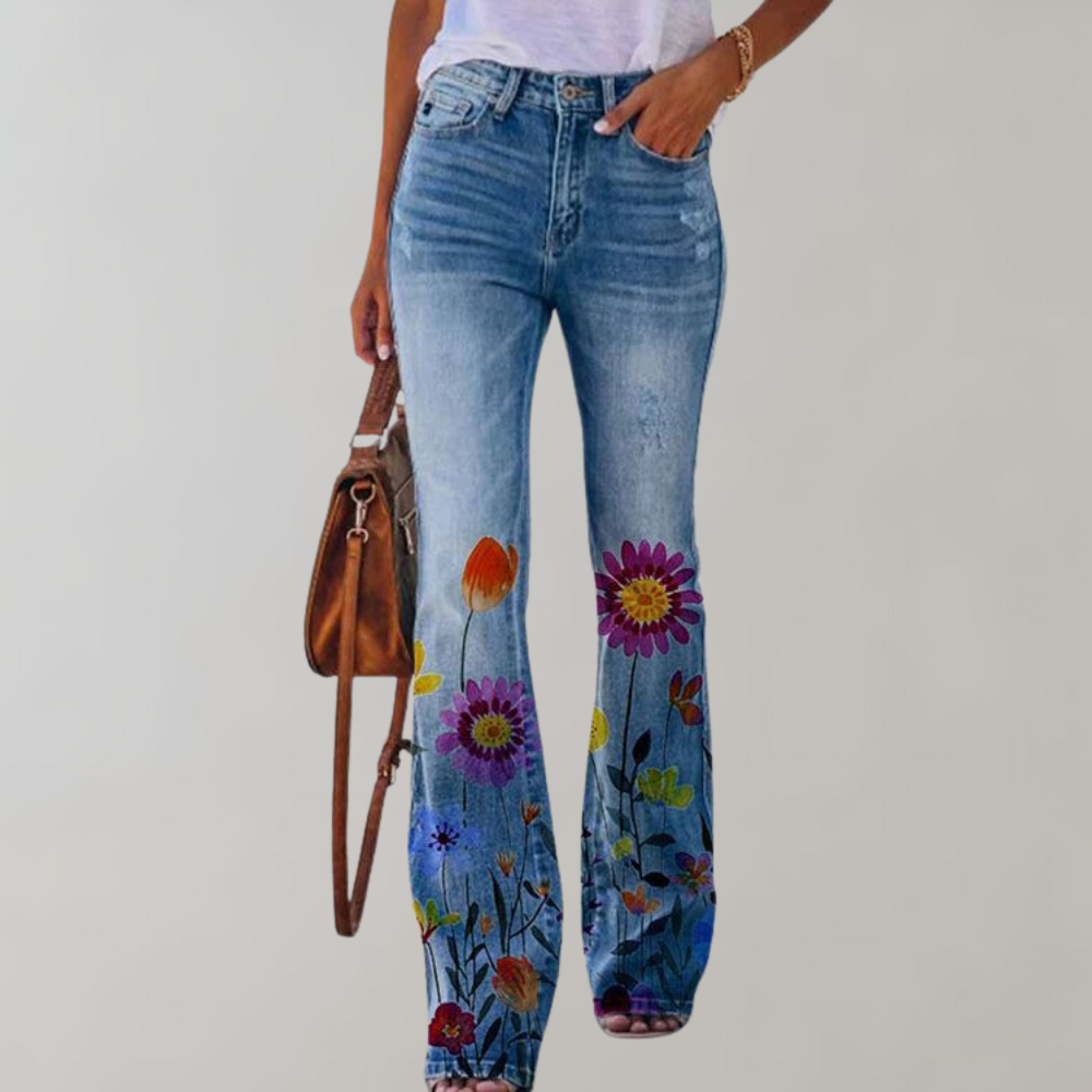 Lia | Floral Printed High Waisted Slim Pocket Flare Jeans Women