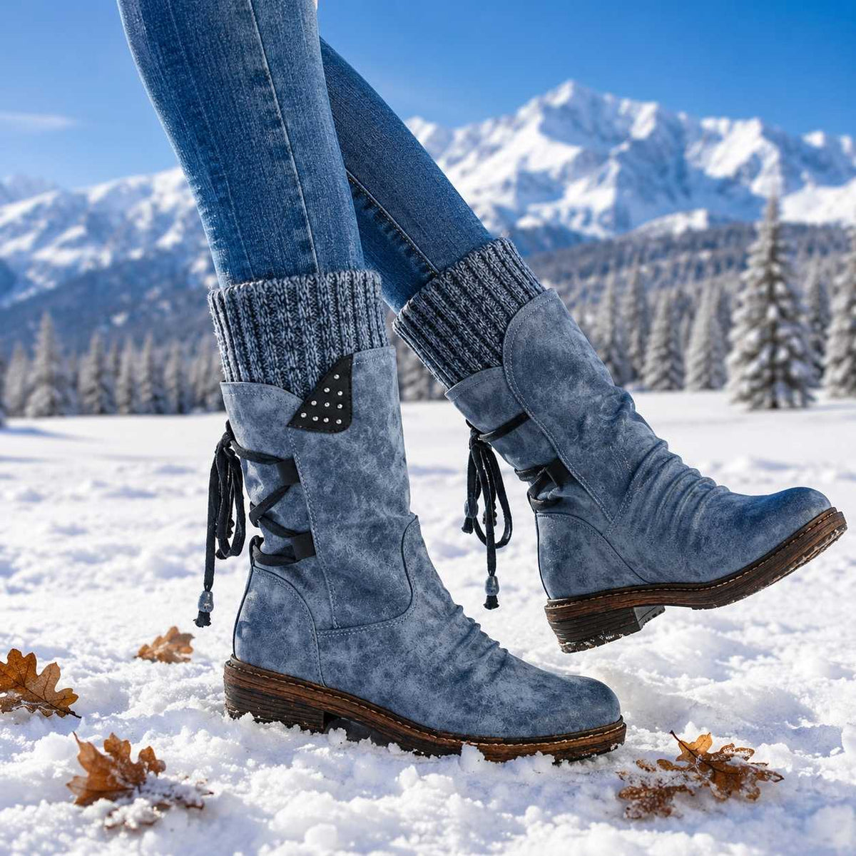 Callie | Faux Leather Knit Round Toe Studded Autumn Winter Block Heel Mid Calf Boots Women