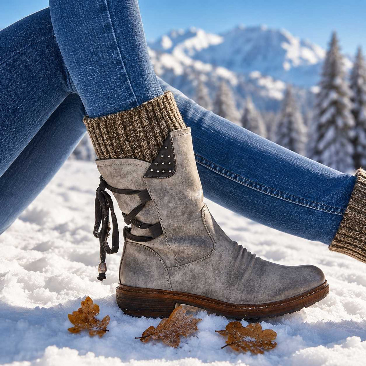 Callie | Faux Leather Knit Round Toe Studded Autumn Winter Block Heel Mid Calf Boots Women