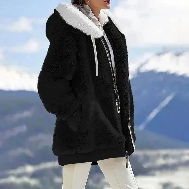 Grace | Fluffy Faux Fur Hooded Oversized Colour Block Longline Winter Coat Women