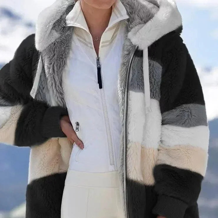 Grace | Fluffy Faux Fur Hooded Oversized Colour Block Longline Winter Coat Women
