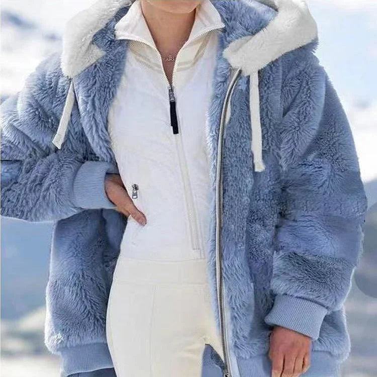 Grace | Fluffy Faux Fur Hooded Oversized Colour Block Longline Winter Coat Women