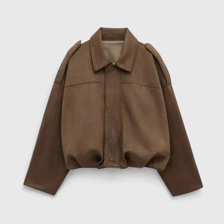 Amy | Faux Suede Collared Zip Up Boxy Oversized Autumn Cropped Bomber Jacket Women