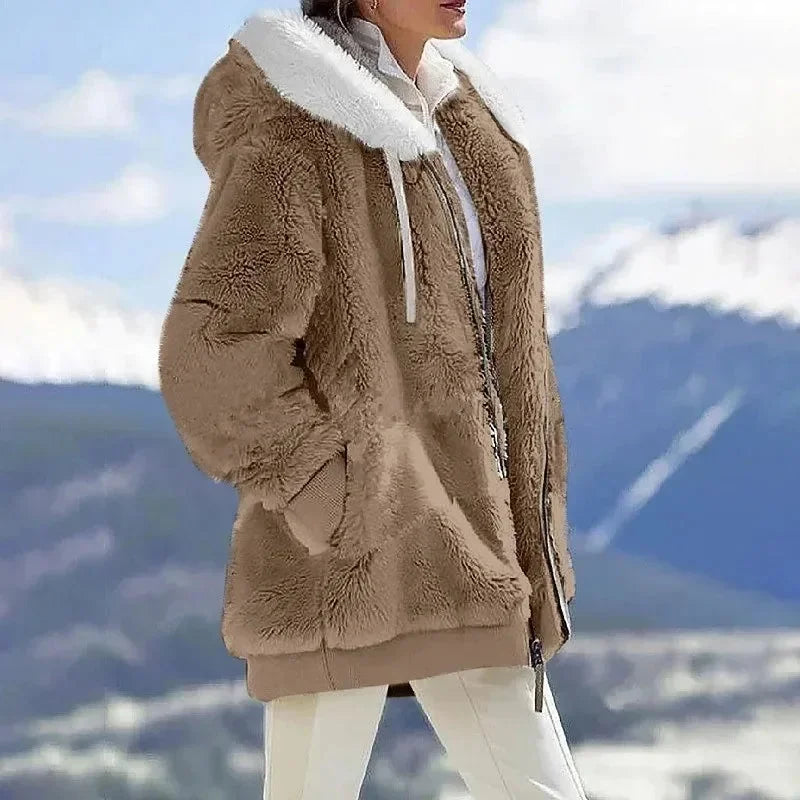 Grace | Fluffy Faux Fur Hooded Oversized Colour Block Longline Winter Coat Women