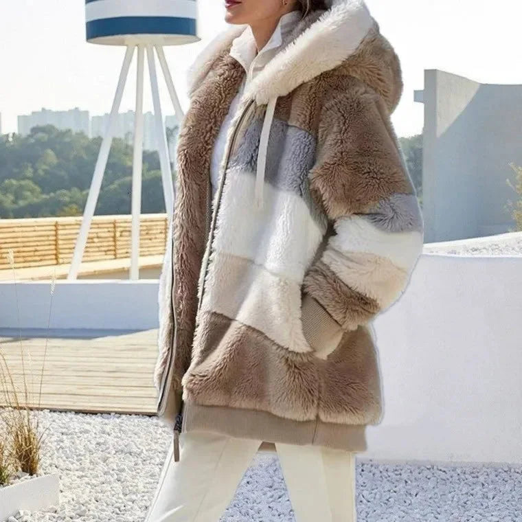 Grace | Fluffy Faux Fur Hooded Oversized Colour Block Longline Winter Coat Women