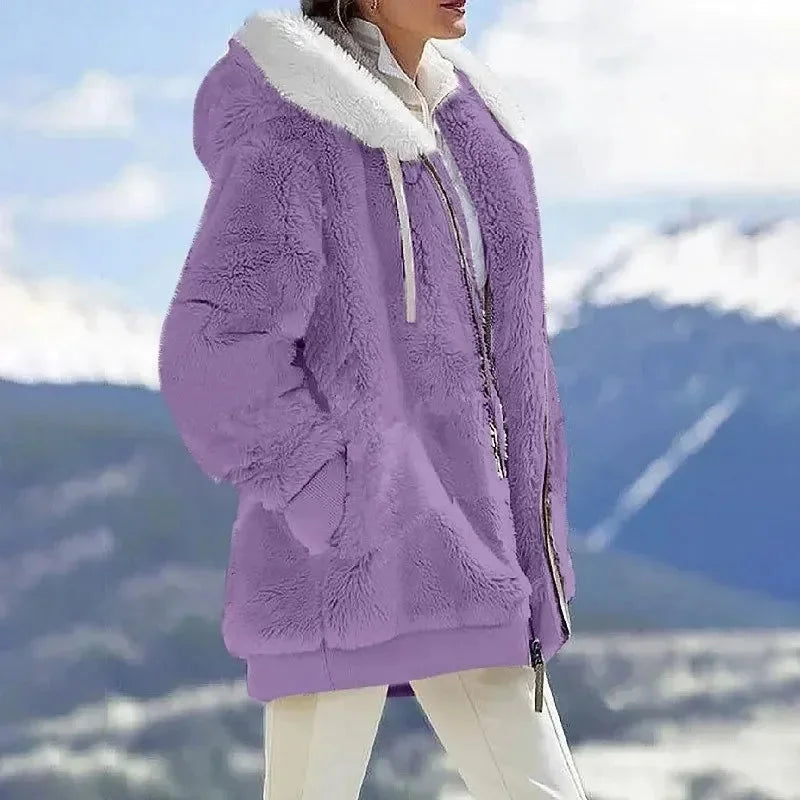 Grace | Fluffy Faux Fur Hooded Oversized Colour Block Longline Winter Coat Women