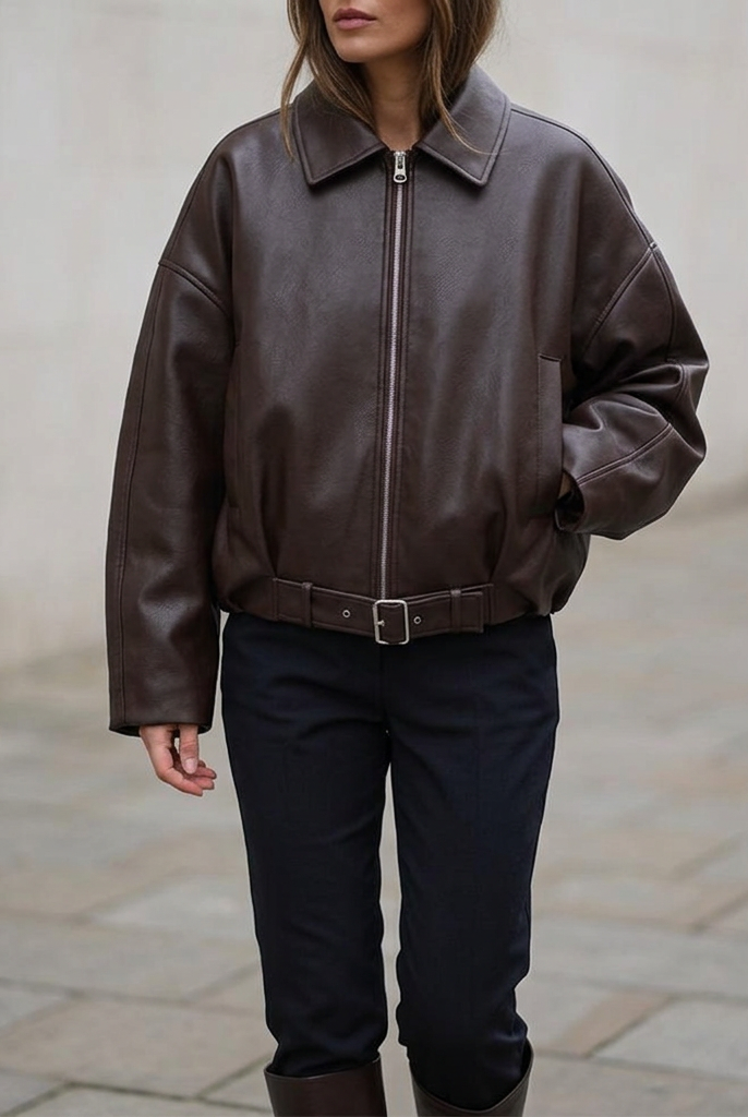 Belted Cropped Faux Leather Jacket - outdoor