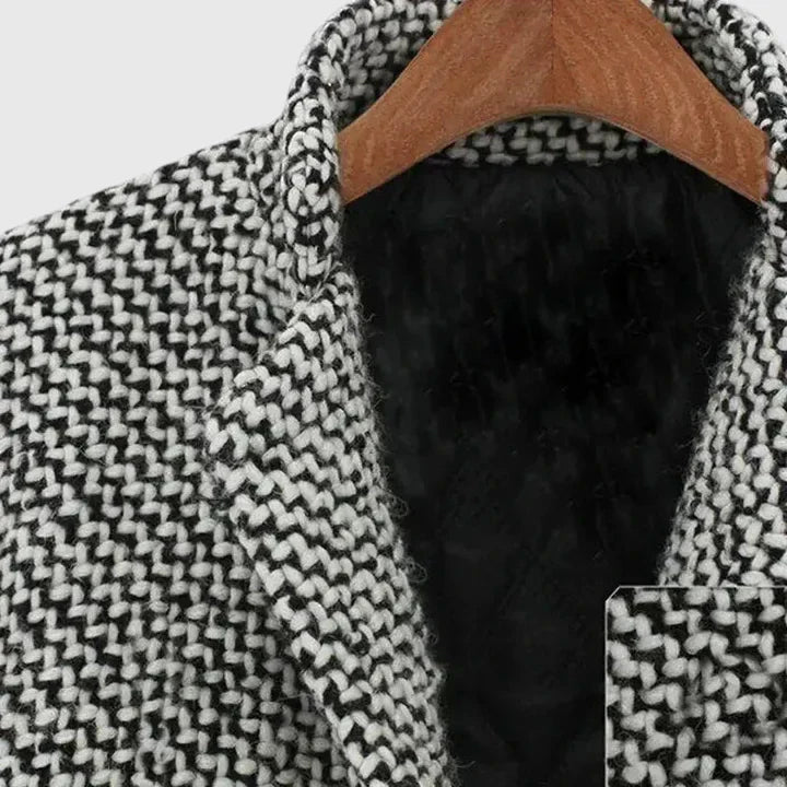 Double Breasted Houndstooth Coat, Longline - Grey