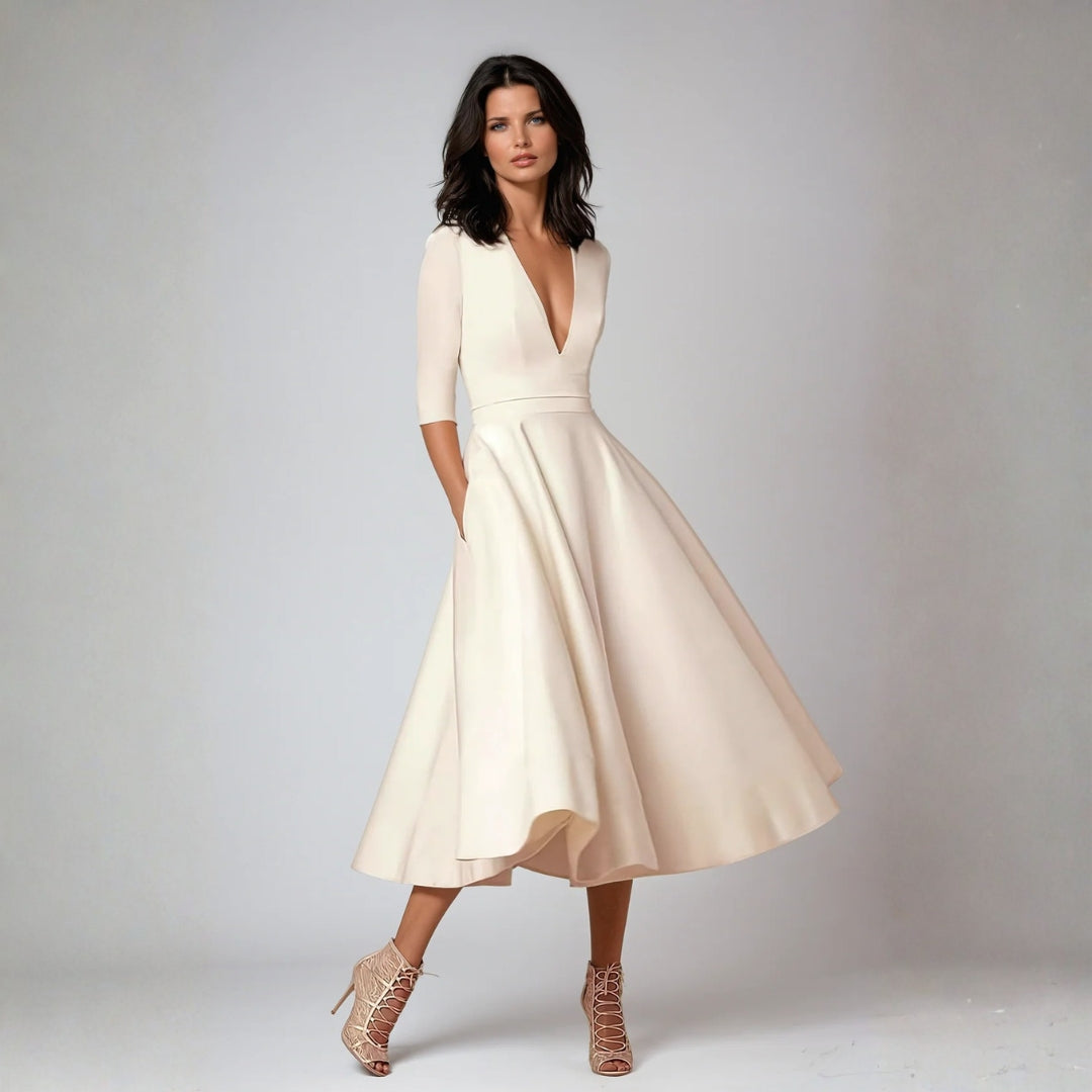 Edith | Plain V Neck A Line Satin Midi Occasion Cocktail Dress Ladies