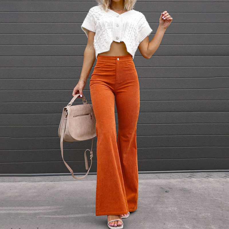 Yara | High Waisted Ribbed Corduroy Cord Pockets Fitted Autumn Flared Trousers Women
