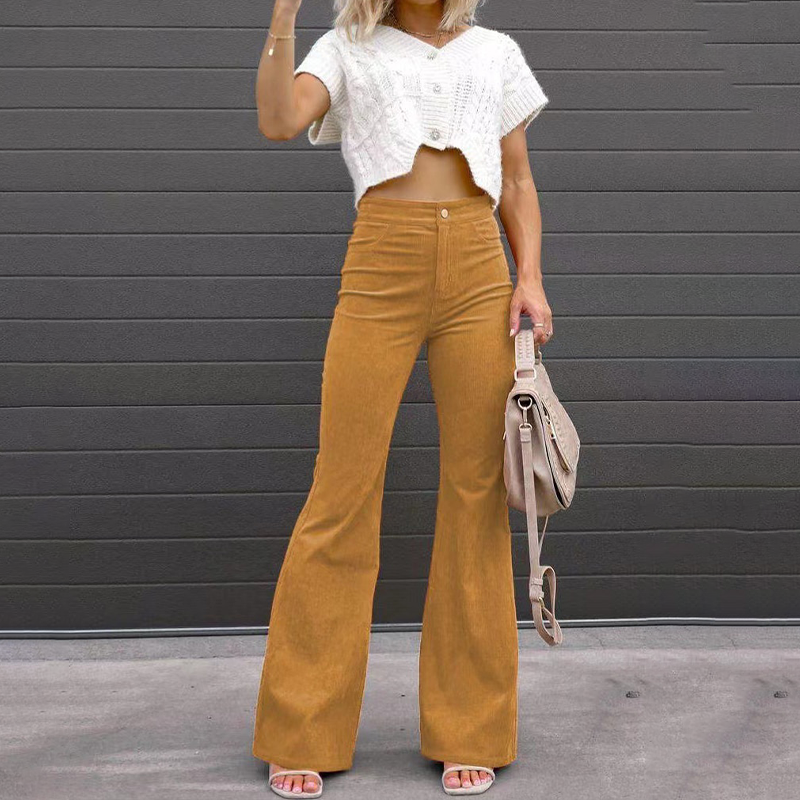 Yara | High Waisted Ribbed Corduroy Cord Pockets Fitted Autumn Flared Trousers Women