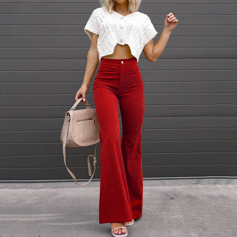 Yara | High Waisted Ribbed Corduroy Cord Pockets Fitted Autumn Flared Trousers Women