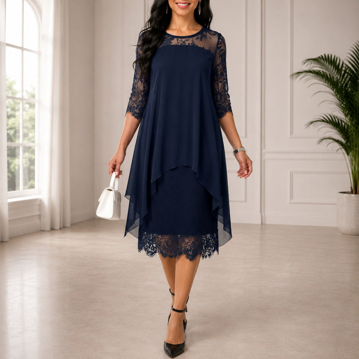 Amber | Sheer Lace Chiffon Midi 3/4 Sleeve Occasion Wedding Guest Dress Women