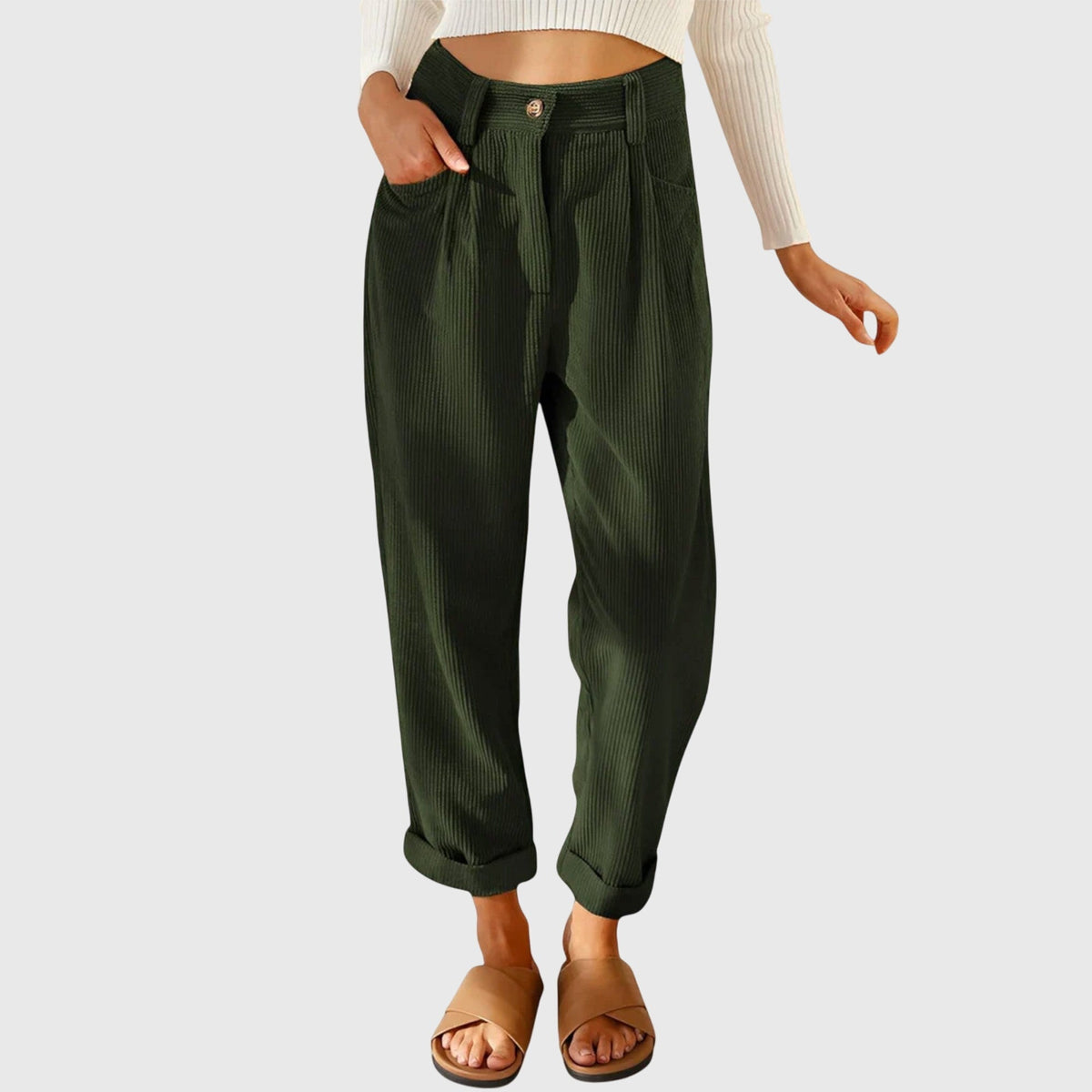 Peggy | High Waisted Pleated Corduroy Turn Up Cropped Ribbed Pocket Autumn Tapered Trousers Women