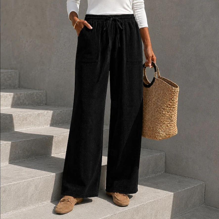 Flo | Loose Drawstring Elasticated Pockets Autumn Corduroy Wide Leg Trousers Women