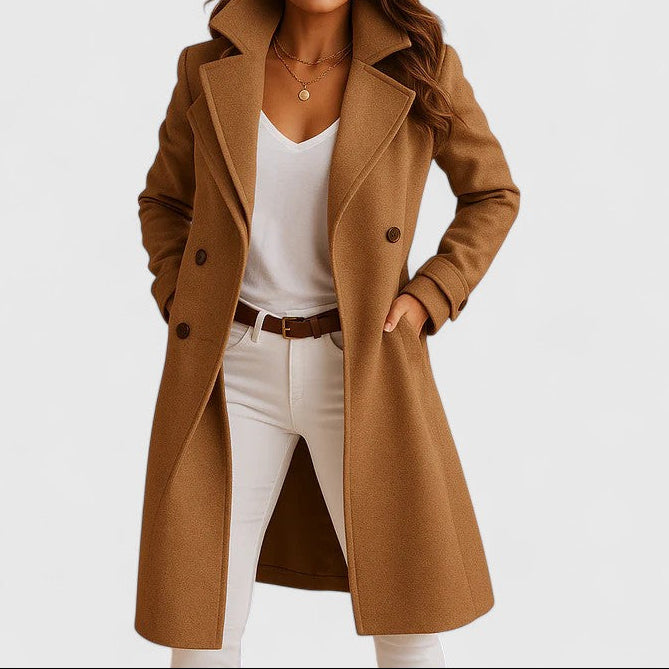 Wool Blend Double Breasted Coat with Belt - Camel
