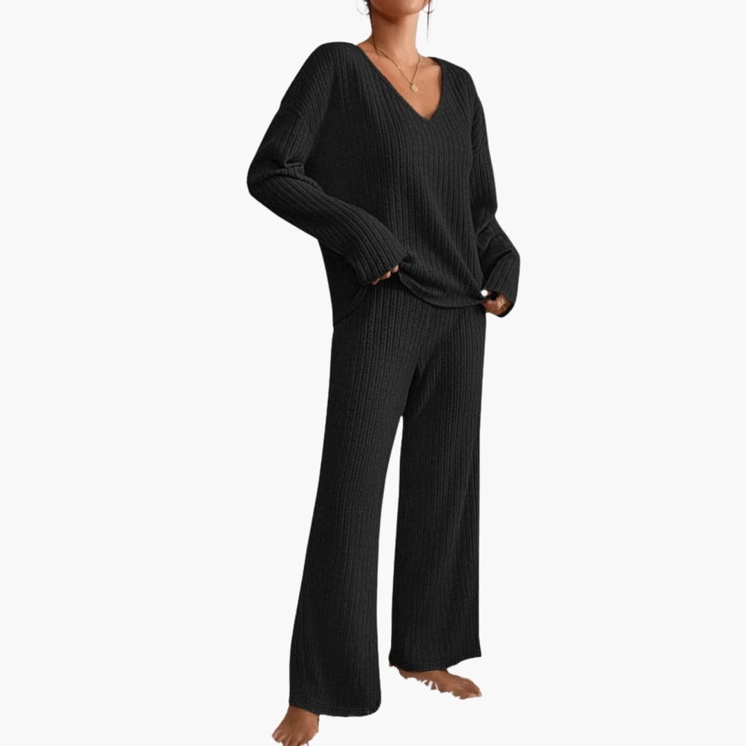 Kenzie | Ribbed V Neck Long Sleeve Oversized Autumn Winter Wide Leg Knit Trouser Co Ord Set Women