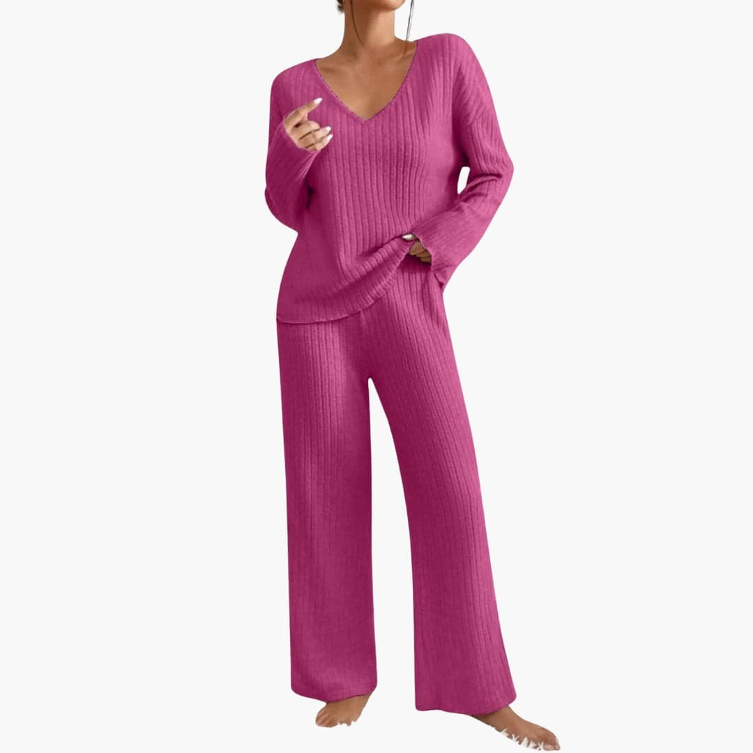 Kenzie | Ribbed V Neck Long Sleeve Oversized Autumn Winter Wide Leg Knit Trouser Co Ord Set Women