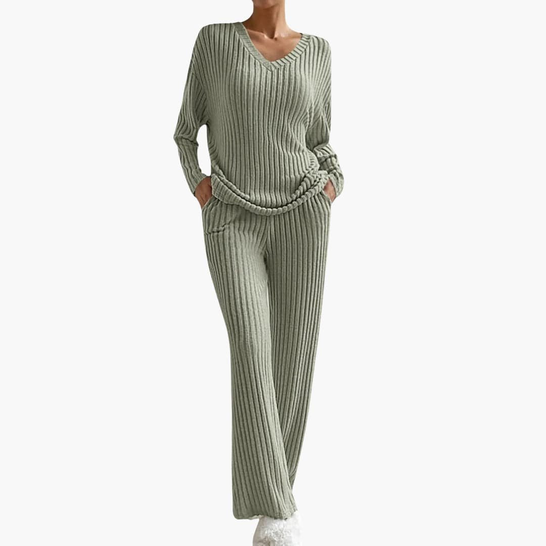 Kenzie | Ribbed V Neck Long Sleeve Oversized Autumn Winter Wide Leg Knit Trouser Co Ord Set Women
