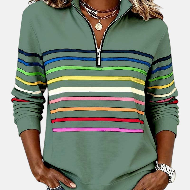 Bonnie | Striped Quarter Zip Collared Long Sleeve Ribbed Hem Autumn Hip Length Sweatshirt Women