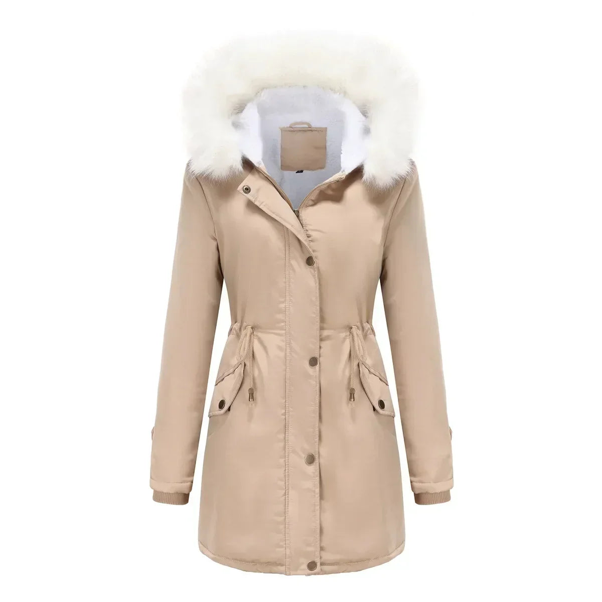 Lexi | Fleece Lined Faux Fur Hooded Tie Waist Pockets Winter Parka Coat Women
