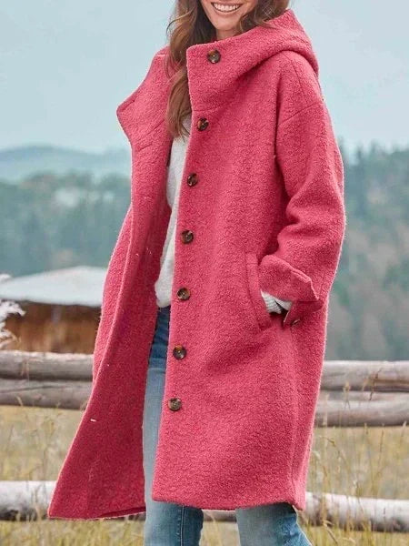 Hooded Longline Wool Coat with Buttons - Raspberry Pink