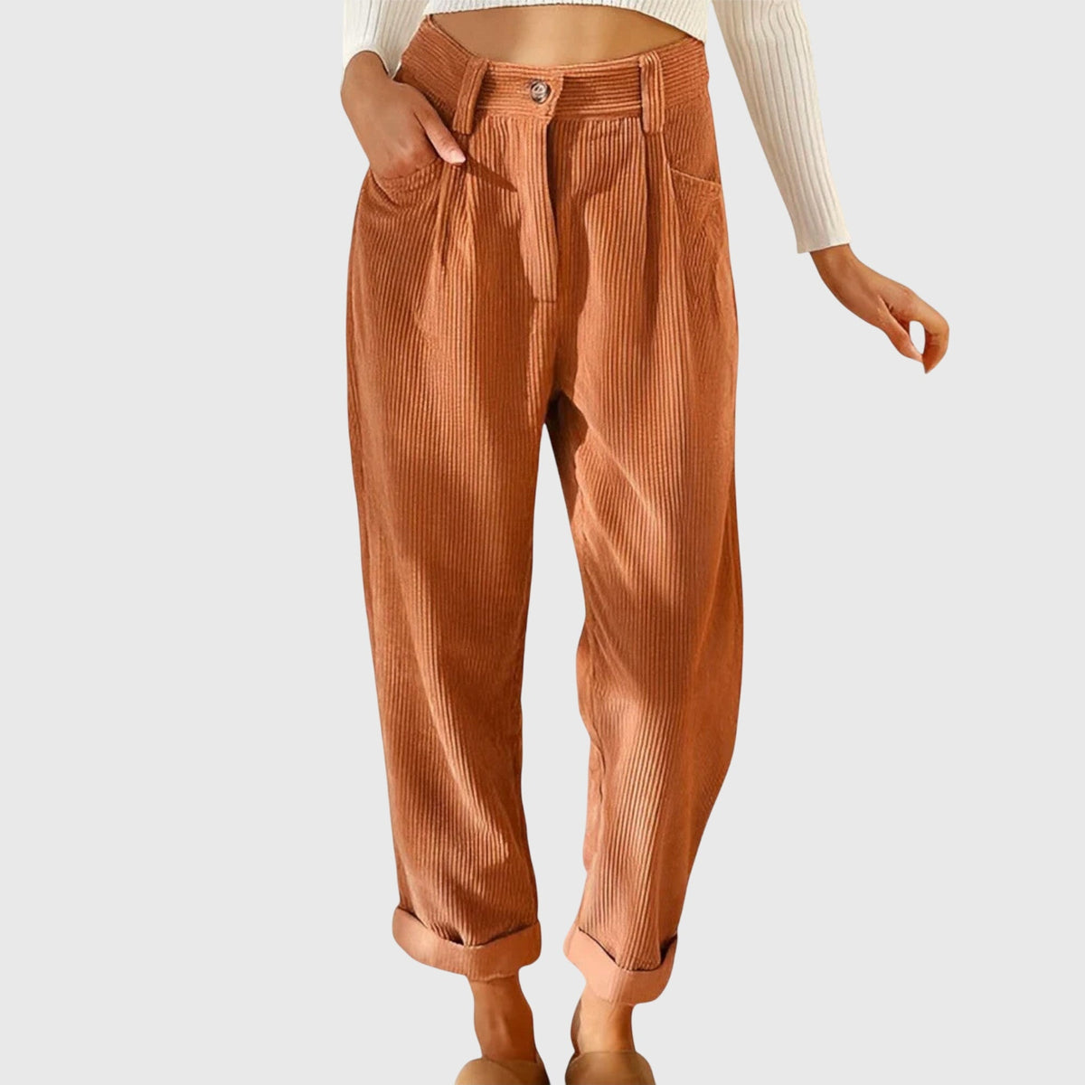 Peggy | High Waisted Pleated Corduroy Turn Up Cropped Ribbed Pocket Autumn Tapered Trousers Women