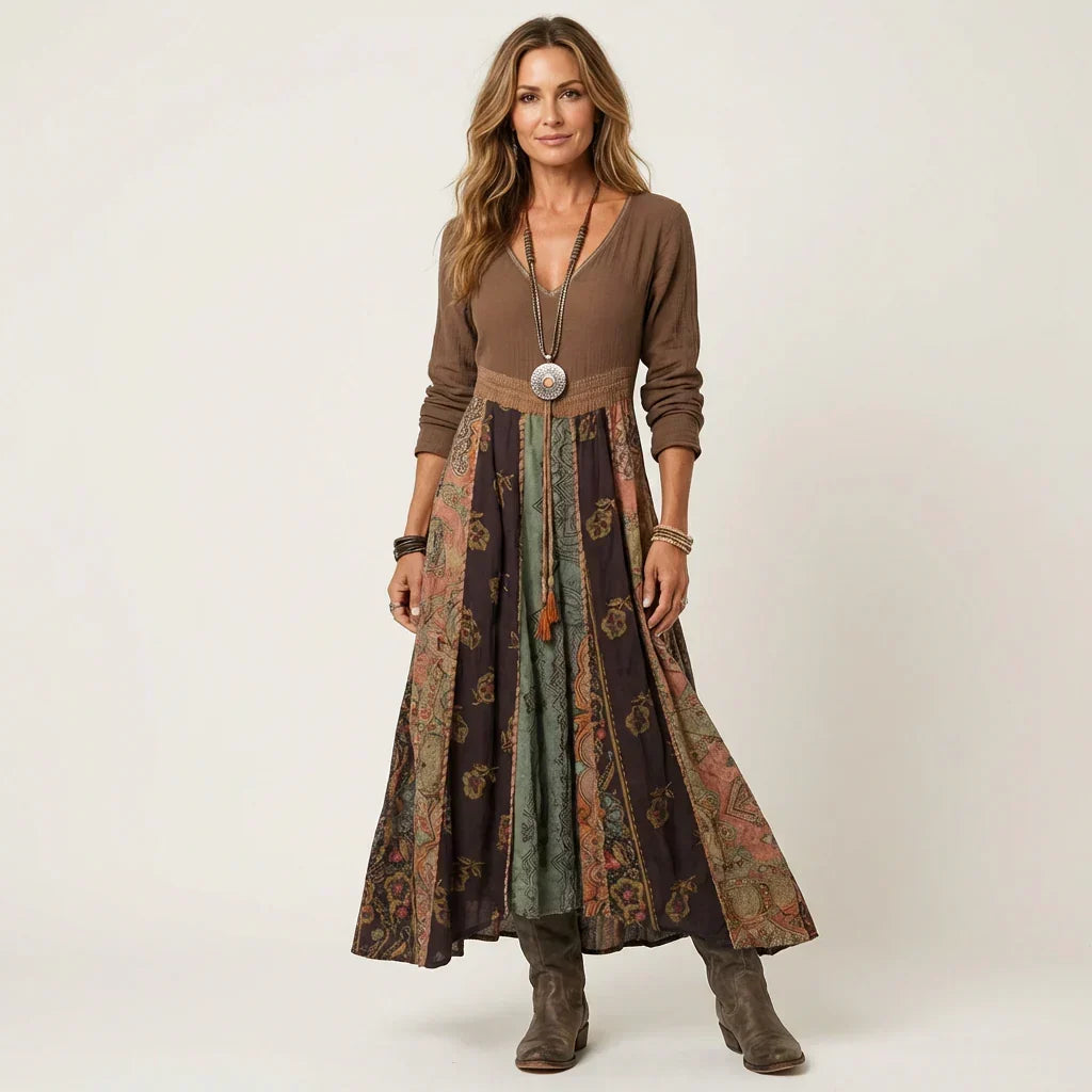 Willa | Knitted Boho Floral Patchwork Shirred V Neck Autumn 1970s Maxi Long Sleeve Dress Women