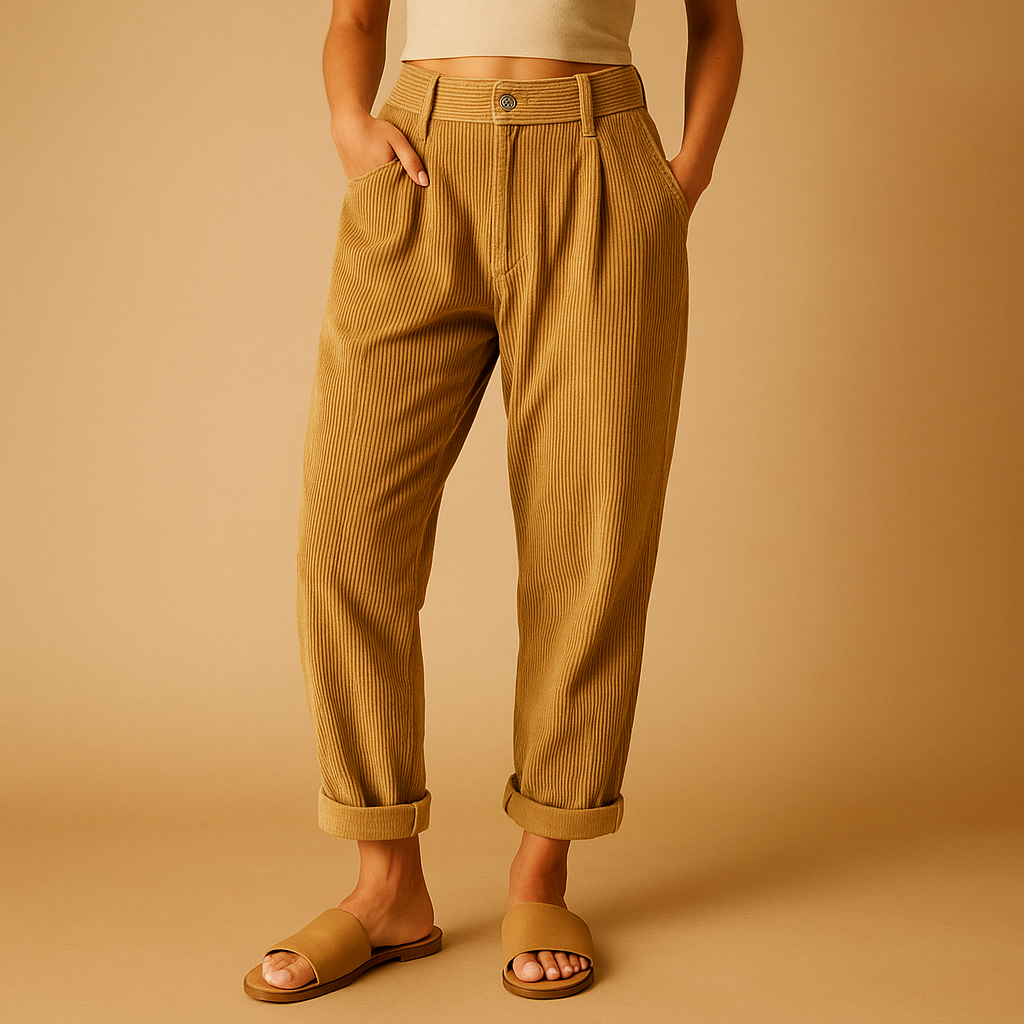 Kitty | High Waisted Pleated Corduroy Turn Up Cropped Pocket Autumn Tapered Trousers Women