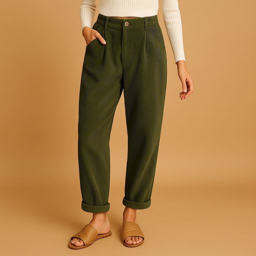 Kitty | High Waisted Pleated Corduroy Turn Up Cropped Pocket Autumn Tapered Trousers Women