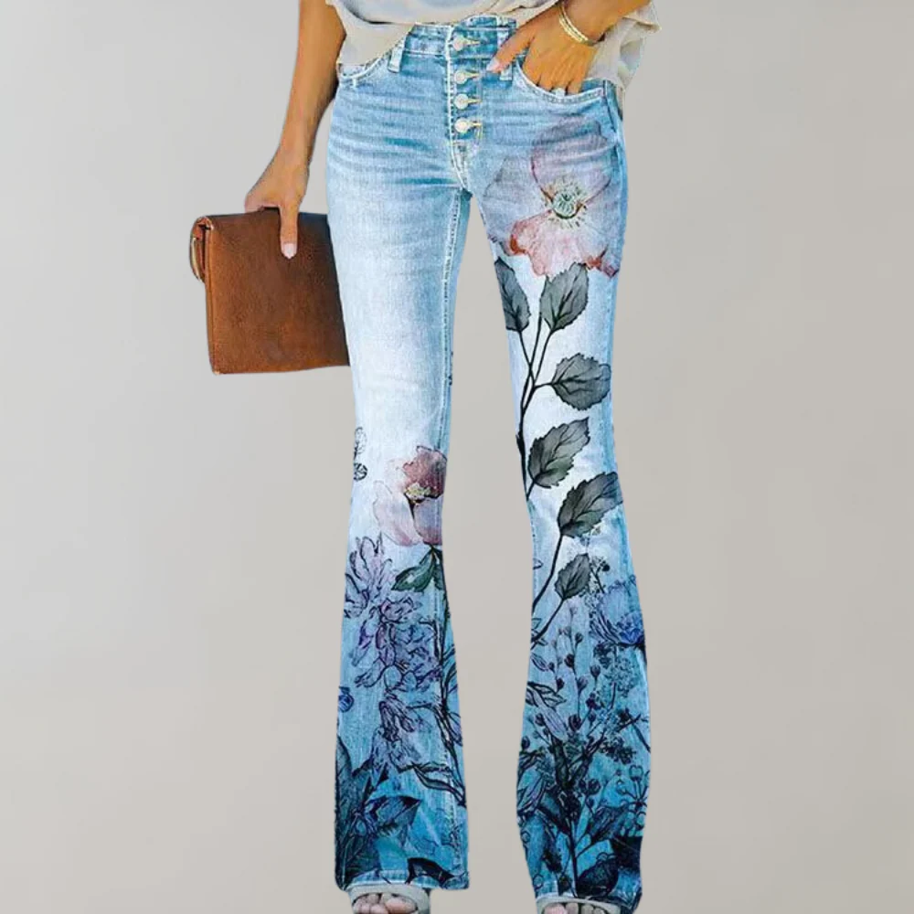 Renee | Floral Print High Waisted Pocket Flare Jeans Women