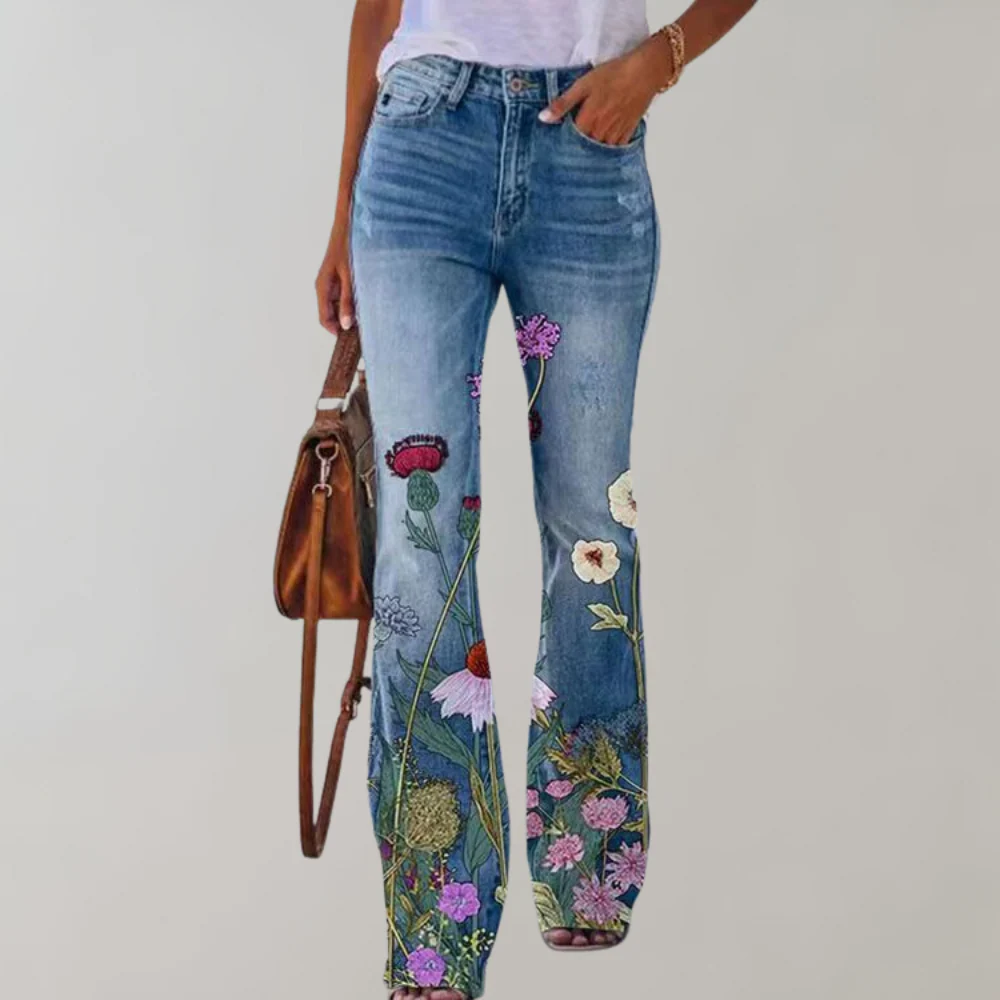 Renee | Floral Print High Waisted Pocket Flare Jeans Women